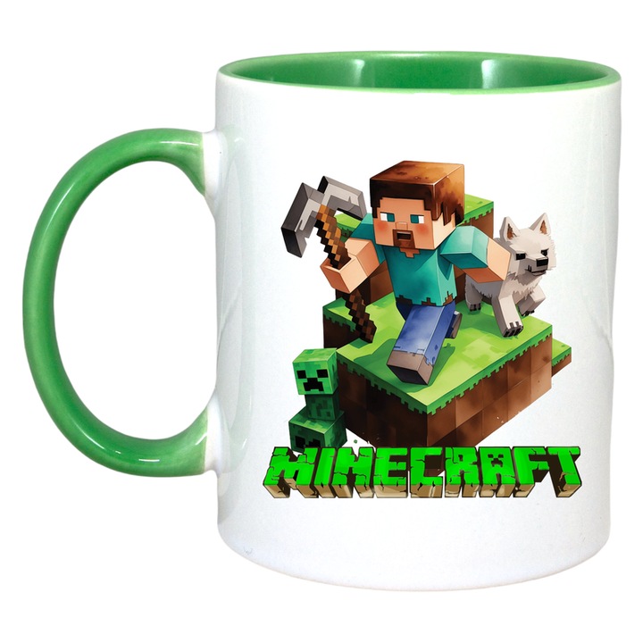 Cana personalizata cu Minecraft Steve Cu Pisica, Cri-Flo, Ceramica, 330ml. Maner si interior Verde