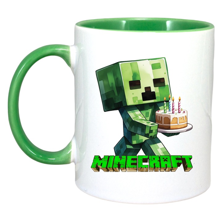 Cana personalizata cu Minecraft Creeper Cu Tort, Cri-Flo, Ceramica, 330ml. Maner si interior Verde