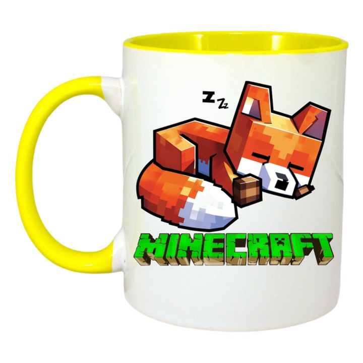 Cana personalizata cu Minecraft Vulpe Adormita, Cri-Flo, Ceramica, 330ml. Maner si interior Galben