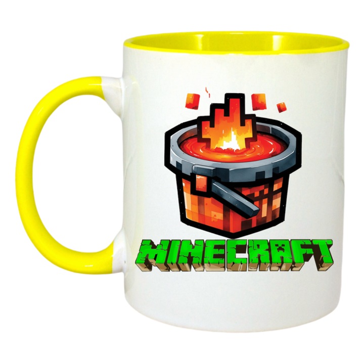 Cana personalizata cu Minecraft Lava Fierbinte, Cri-Flo, Ceramica, 330ml. Maner si interior Galben