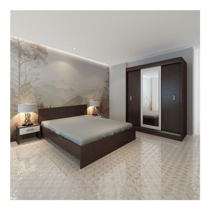 Dormitor Bianka, 4 Piese, Pat 160 x 200, 2Noptiere, Dulap cu usi glisante, Culoare Wenge/Alb