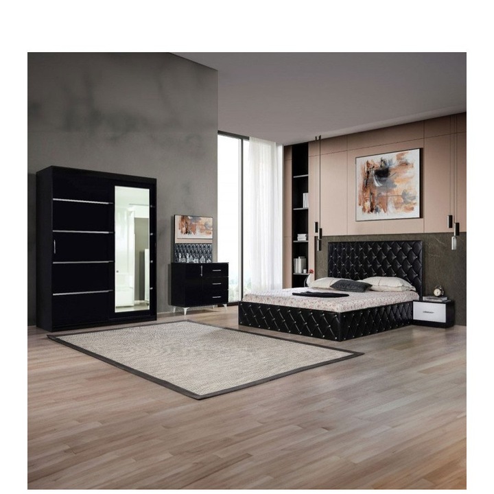 Dormitor 20lux negru sifonier cu oglinda - pat 160X200 cu lada de depozitare, Somniera metalica rabatabila + Ccomoda cu oglinda