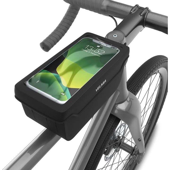 Torba bicicleta Velmia, 850 ml, impermeabila, montare pe rama sau ghidon, neagra