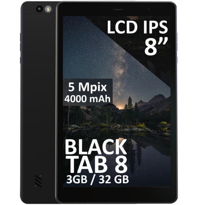 Tableta, BLOW, BlackTAB8, Procesor Quad-Core T310, Ecran IPS 8", 3GB RAM, 32GB Flash, Wi-Fi, Bluetooth, 4G, Android 14 (Negru)