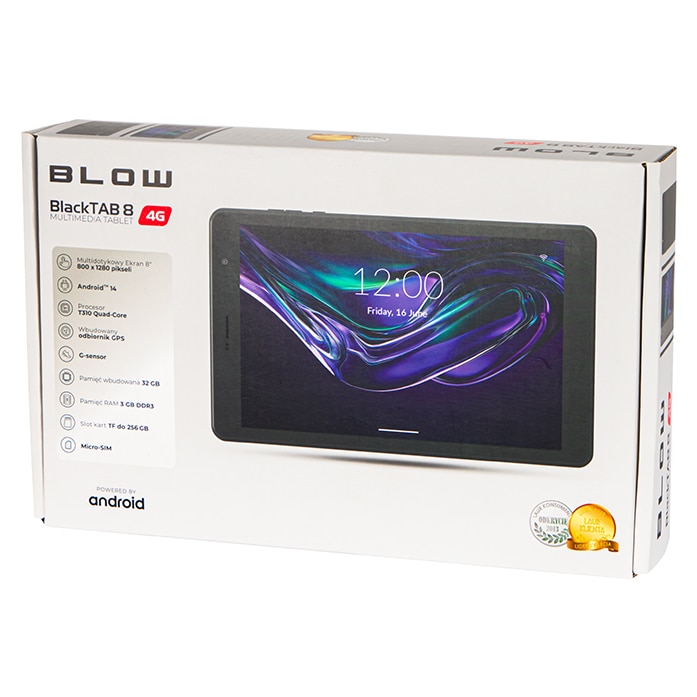 Tableta, BLOW, BlackTAB8, Procesor Quad-Core T310, Ecran IPS 8", 3GB RAM, 32GB Flash, Wi-Fi, Bluetooth, 4G, Android 14 (Negru)