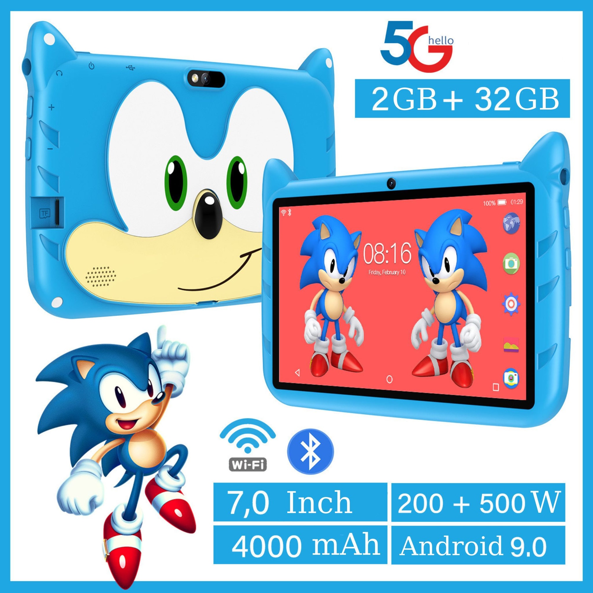 Tableta Educationala pentru Copii 7 Inch e-Wantay®, Android, Sonic, 3-12 ani, 2GB RAM, 32GB ROM, Camera Foto Dubla, Bluetooth, WiFi, Carcasa Rezistenta, Folie de Protectie + Stilou + 5 Jucarii Educationale, Albastra