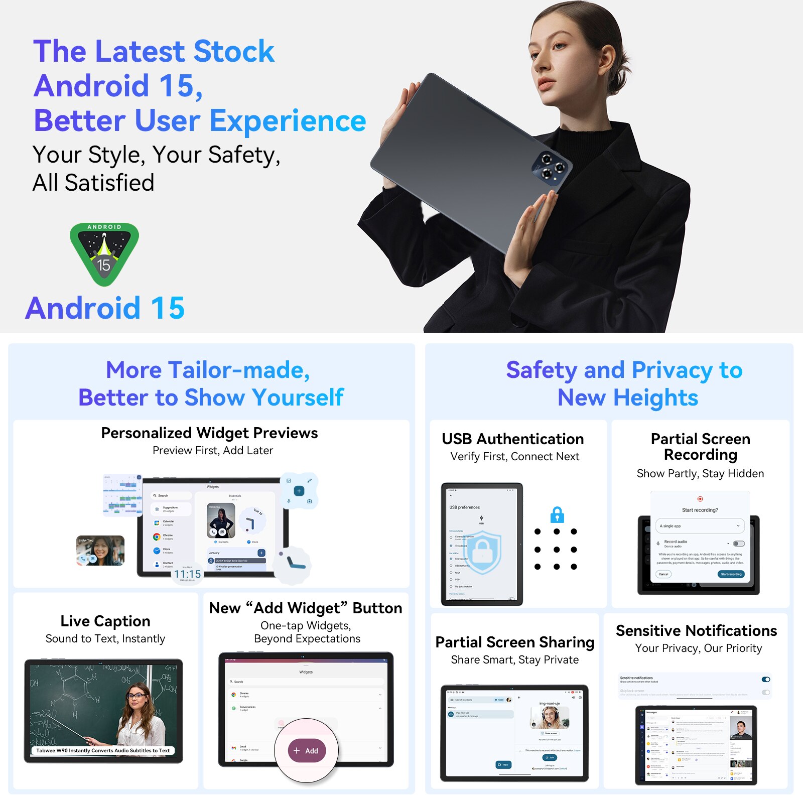 Tableta Blackview W90, 11 inch, Android 15, 5.0, WiFi 6, T310, 24GB Ram(8GB + 16GB extensibili), 800×1280, 256GB ROM, Expandabil 1TB, 5100mAh, Gri