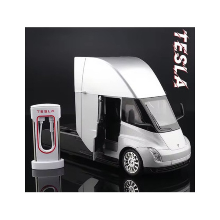 Tesla teherautó félig nyitott tehergépkocsi modell hanggal, lámpákkal, ajtónyitóval 1:24
