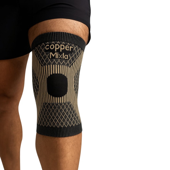 Genunchiera Compresiva Mixla® cu Fir de Cupru pentru Stabilitate si Reducerea Durerilor Articulare, UNISEX, Negru/Auriu, Marime XL