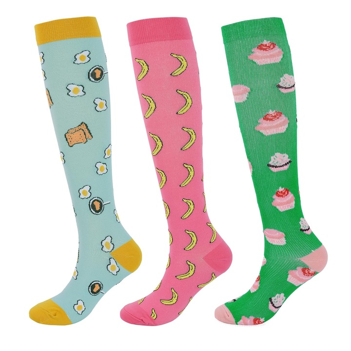 Set ciorapi compresivi, GOGOU®, 3 perechi, Dimensiunea M, 20-30 mmHg, respirabil si absorbant, impotriva varicelor si umflaturilor, protejeaza tendonul lui ahile, Model alimentar, unisex, Multicolor