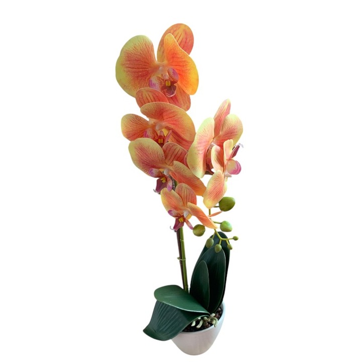 Orhidee Artificiala, o Tija, Portocalie, Ghiveci din Ceramica, 51x12 cm