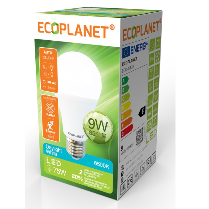 Set 10 bucati Bec LED cu senzor de microunde A60 175-265V E27 855 lm IP20 - Ecoplanet 9W 6500K