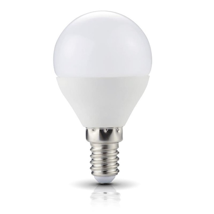 Bec LED sferic Kobi, E14, 7W(50W), 525 lm, lumina calda (3000K), opal, clasa energetica F
