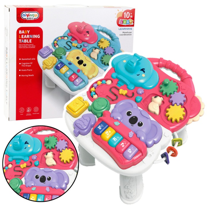 Masa interactiva educationala cu pian, LEAN TOYS, roz, 32.4x30.7x22.3cm, set complet