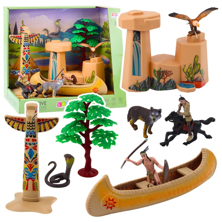 Set figurine indiene, Lean Toys, caiac cu totem, 2 figurine indieni, cal, plastic, 3+, 29.5x26x19cm, multicolor