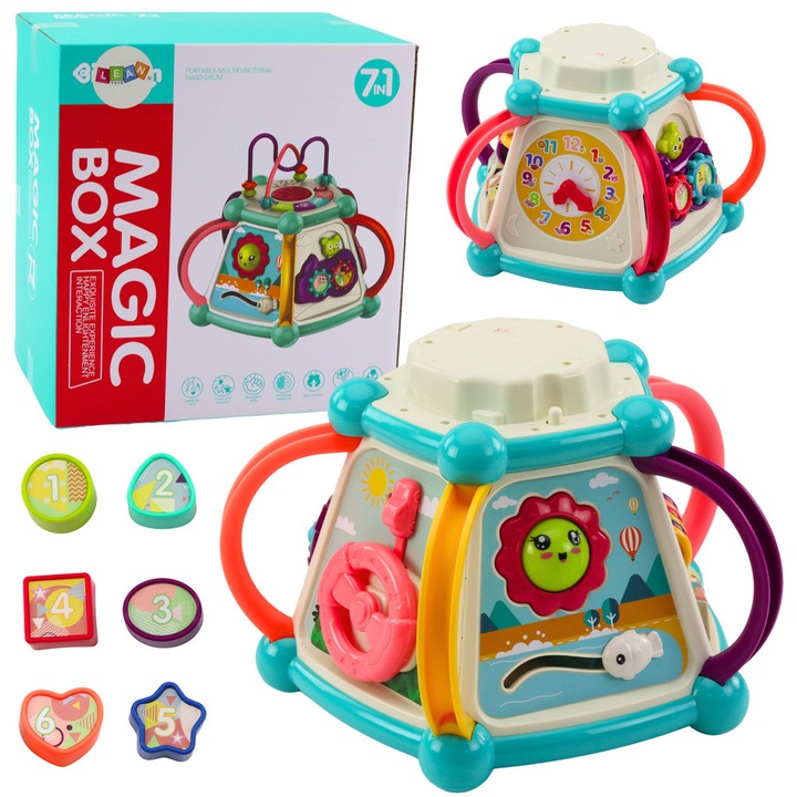 Jucarie educationala multifunctionala 7 in 1, 6 blocuri de sortare, multicolor, 22x28cm