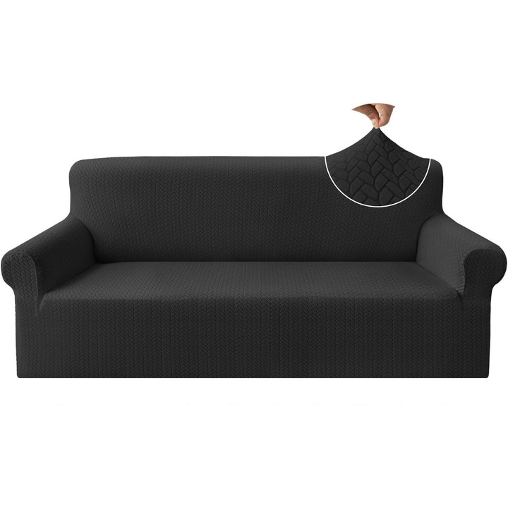 Husa canapea Granbest, 2 locuri, model patratele, material gros jacquard, lavabila, universala, culoare negru