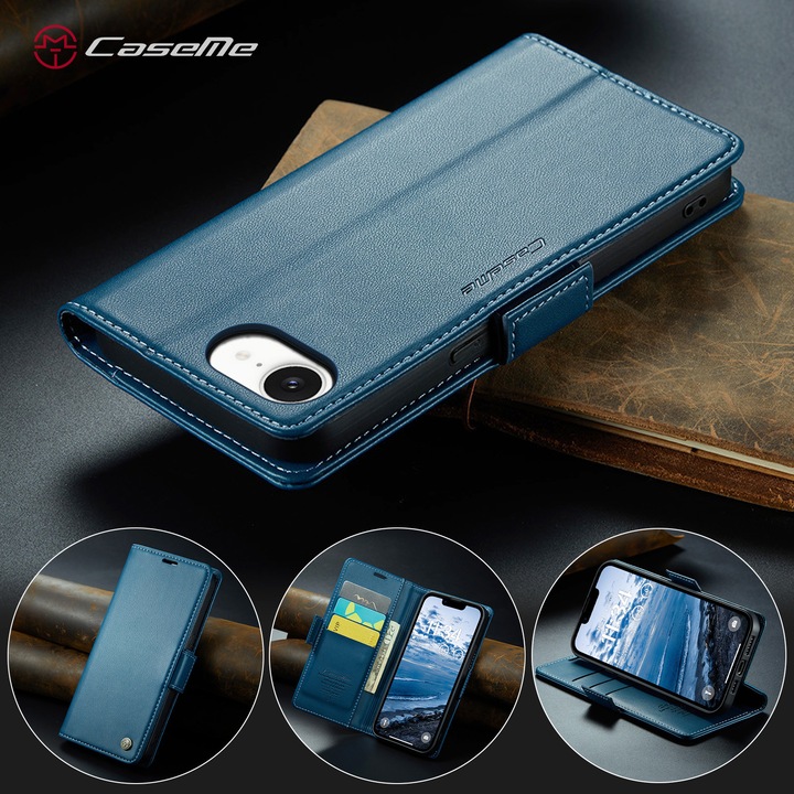Калъф за iPhone 16e, CaseMe, slim кожен, тип портфейл, стойка, магнитно предпазно закопчване, мека текстура и захващане в ръката, RFID защита, Син