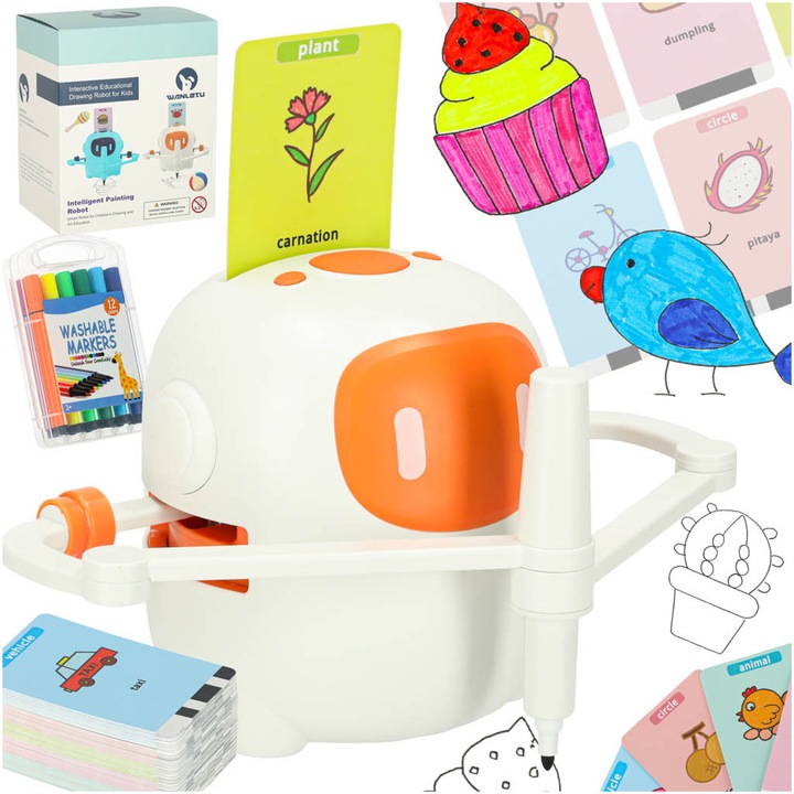 Artemis oktató rajz- és írórobot, komplett készlet 100 kártyával, fehér és narancssárga színben, méretei 12,5x21cm