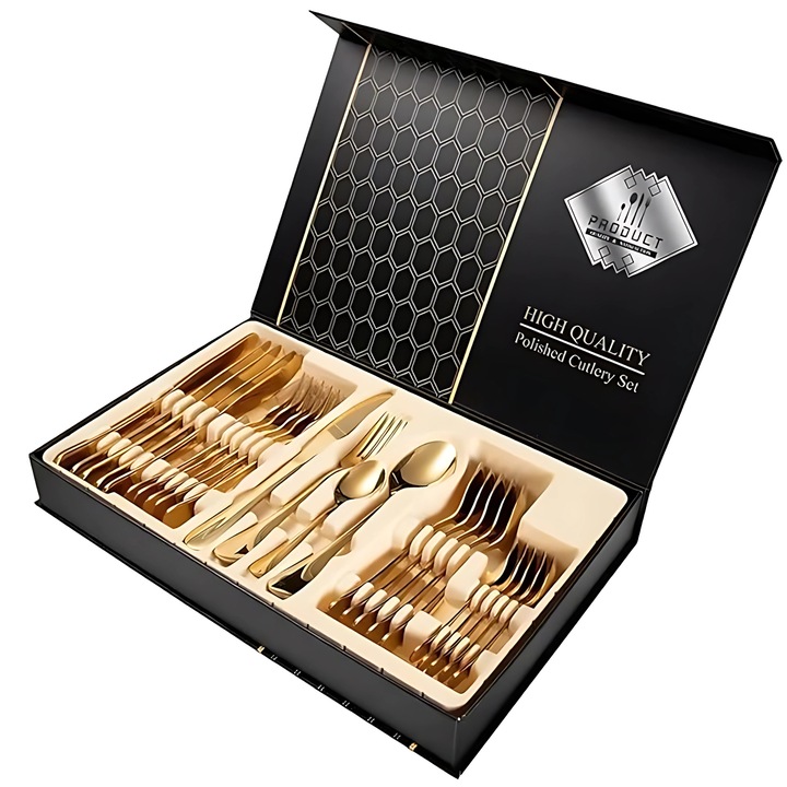 Комплект прибори за хранене Promerco® от неръждаема стомана със златист цвят, 24 части, луксозен дизайн с лъскаво златно покритие, ергономичен, устойчив на корозия, подходящ за съдомиялна машина, елегантна подаръчна опаковка