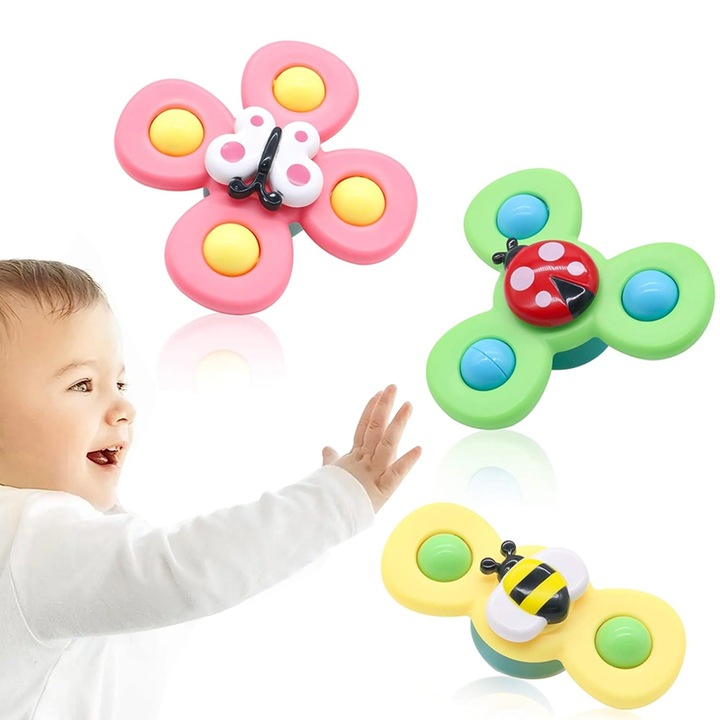 Set 3 Fidget Spinners cu Ventuza pentru Copii, Fluture Roz, Buburuza Verde, Albina Galbena, 12-13.5 cm