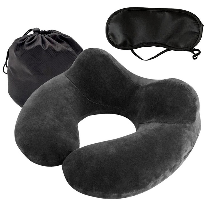 Set calatorie perna gat gonflabila si masca somn negru 31x31x14cm