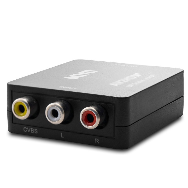 AV-HDMI átalakító 1080p, 720p és 1080p támogatással, méretei 61x55x20mm, USB tápkábellel.