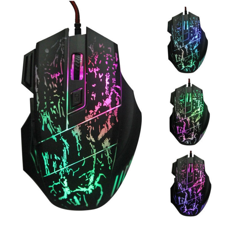 Mouse ergonomic pentru gaming cu LED, 7 butoane, negru, 12.7x7.8x3.8cm