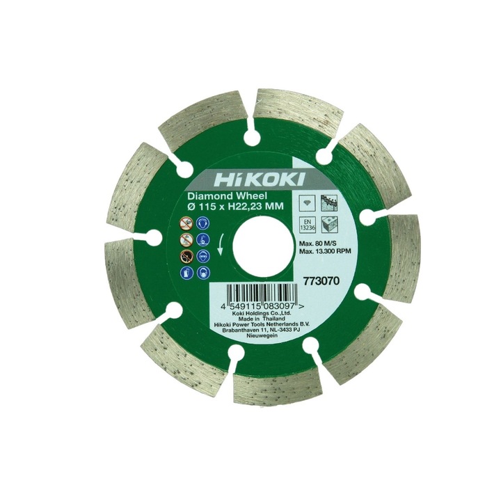Disc diamantat, cu segmente, pentru debitare beton / zidarie, Hikoki 773070, 115 x 22.2 x 1.8 mm