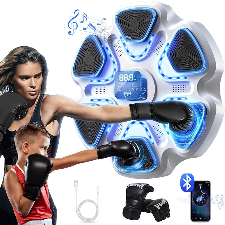 Комплект боксова машина, Noonedibs, с ръкавици, Bluetooth връзка, вграден високоговорител, интелигентно автоматично броене, с LED екран, 6 боксови мишени, 9 скорости, USB зареждане, LED светлина, подходящ за деца, черен