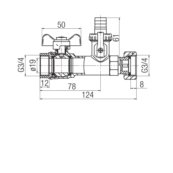 Robinet de inchidere Valvex, alama, rosu, cu piulita pivotanta, cu robinet de golire, cu racord olandez, filet interior-interior, 3/4", maner fluture