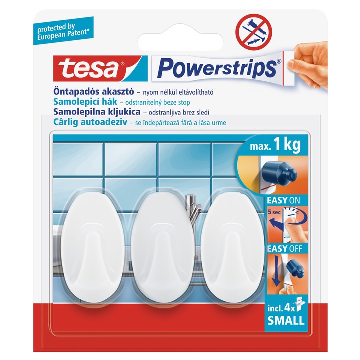 Cuier baie tesa Powerstrips, mic, oval, benzi dublu adezive incluse, alb, o agatatoare, set 3 bucati