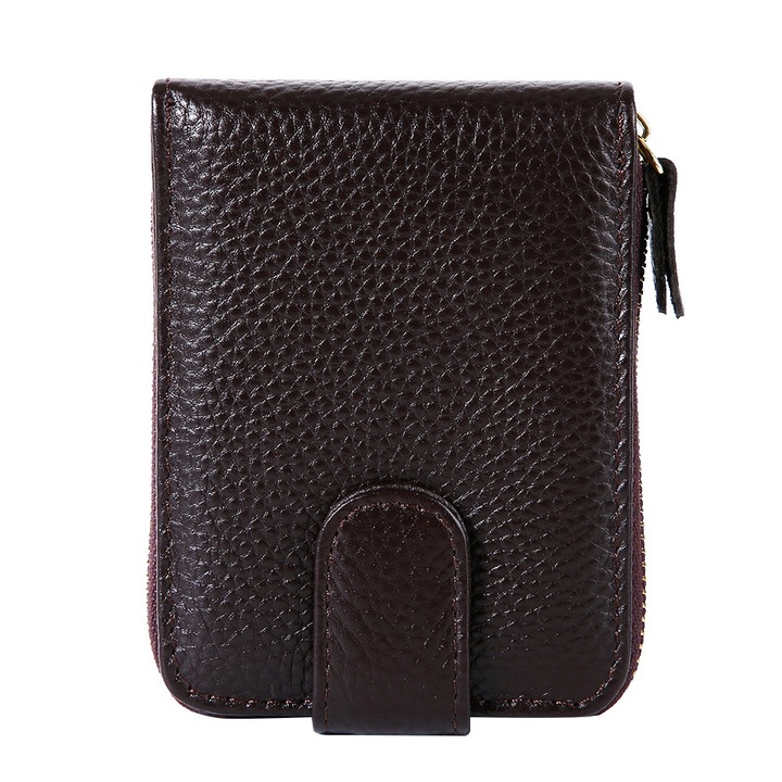 Мъжки портфейл от естествена кожа, за карти, с персонализиран дизайн, метален цип, кафяв цвят