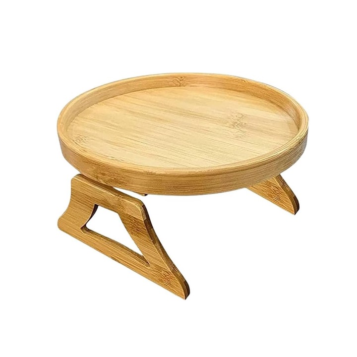 Tava servire pentru brat canapea, SINBINTA, Tava pentru canapea din bambus, Tava pliabila pentru canapea, Birou canapea cu brat pentru canapea pentru bauturi, Gustari, Telefon, Telecomanda, Lemn, Diametru 25 cm, Natural