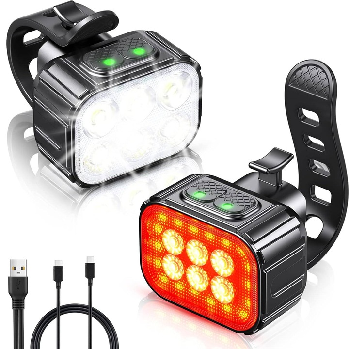 Set lumini bicicleta FngyuyeUIB, încărcare USB, far și lumini spate, rezistente la apă IPX6, 500 lumeni