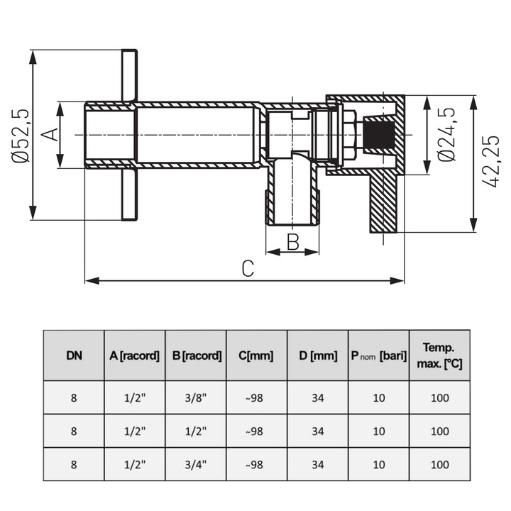 Ъглов феро вентил, керамичен патрон, хромиран месинг, външна резба, 1/2"x3/4", PN10