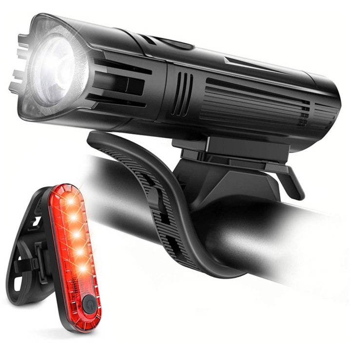 Set lumini bicicletă, FngyuyeUIB, USB reîncărcabil, impermeabil, 4 moduri de iluminare, negru