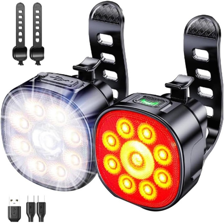 Lumini Bicicletă FngyuyeUIB, Reîncărcabile, Waterproof IP65, Set 2 bucati