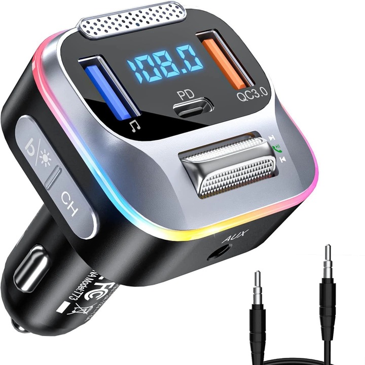 Transmitator FM Bluetooth 5.0, Incarcator auto PD+QC3.0, Adaptor muzica AUX, Microfon wireless, Sunet HiFi Bass