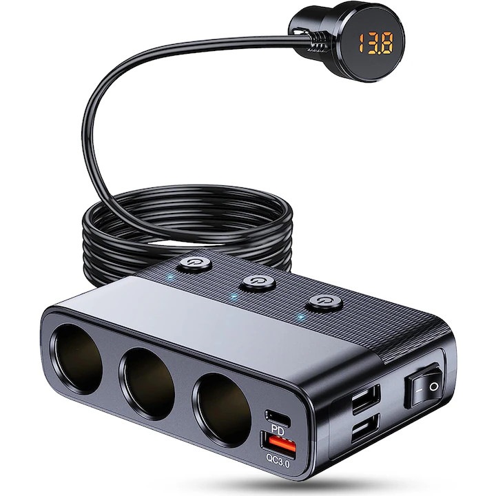 Splitter bricheta auto 3 prize, KCVV, incarcare rapida QC3.0, 2 porturi USB, comutatoare independente, monitor LED voltaj, 12V/24V