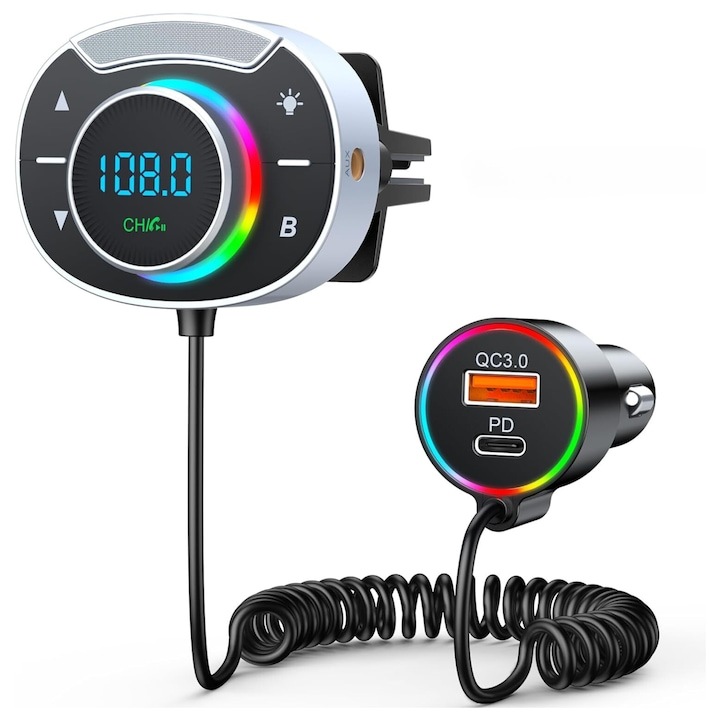 Modulator FM Auto Bluetooth 5.3 cu Incarcare Rapida QC/PD, Afisaj Digital, Microfon cu Reducere Zgomot, Redare Muzica prin Bluetooth/USB/TF, Compatibil cu Toate Dispozitivele, Pentru Masina