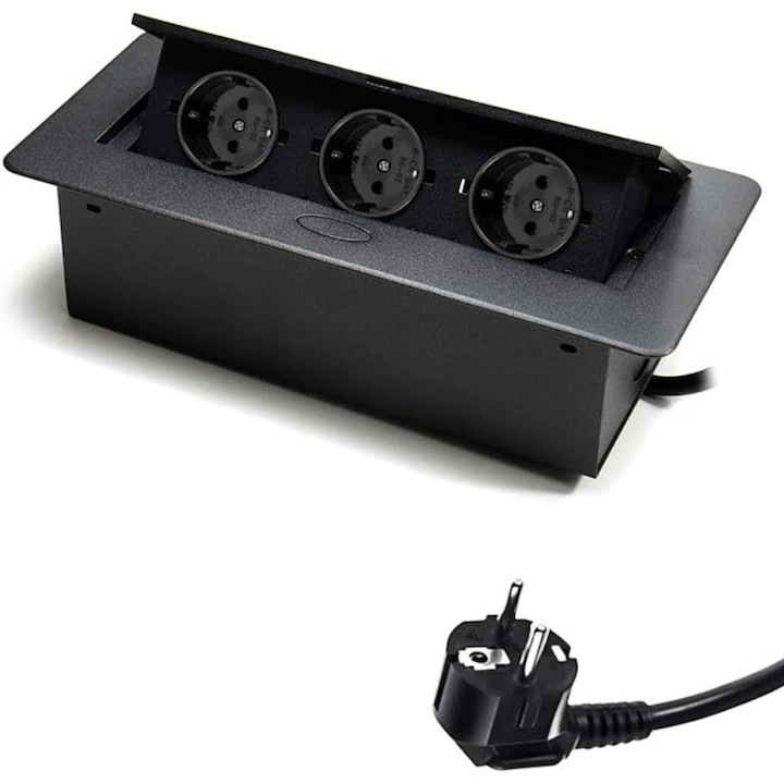 Prelungitor incorporat KCVV, 3 prize, metal, negru, pentru blaturi de bucatarie, birou