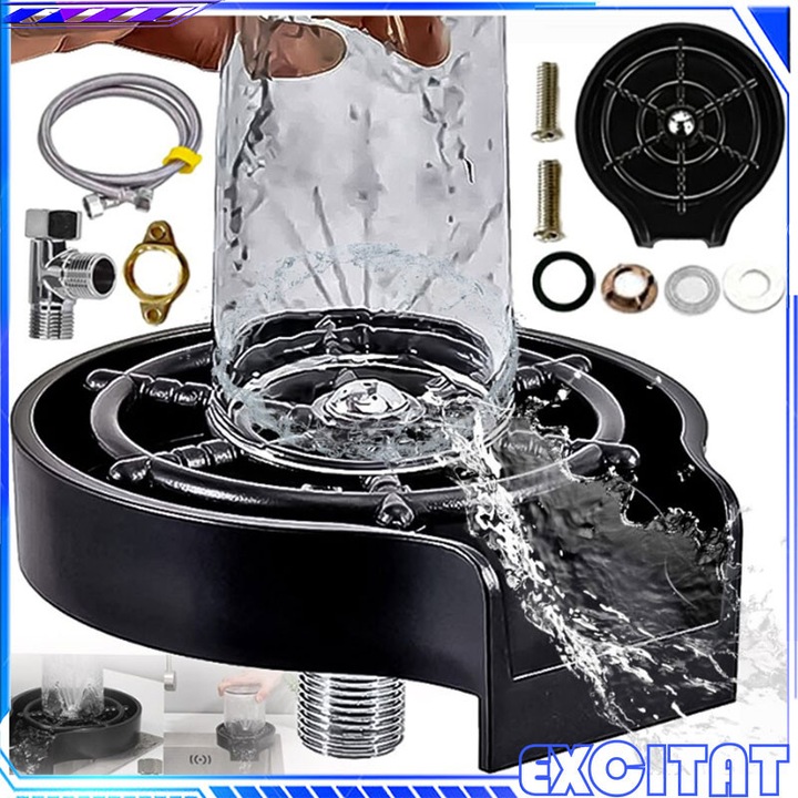 2 in 1 Dozator de sapun pentru chiuveta, Excitat®, Masina de spalat pahare, dozator de sapun, Design integrat, Otel, Curatare cu jet de inalta presiune, Instalare, Usoaracu furtun de silicon de 80 cm, Pentru baie, Bucatarie, Hotel, Restaurant, Negru