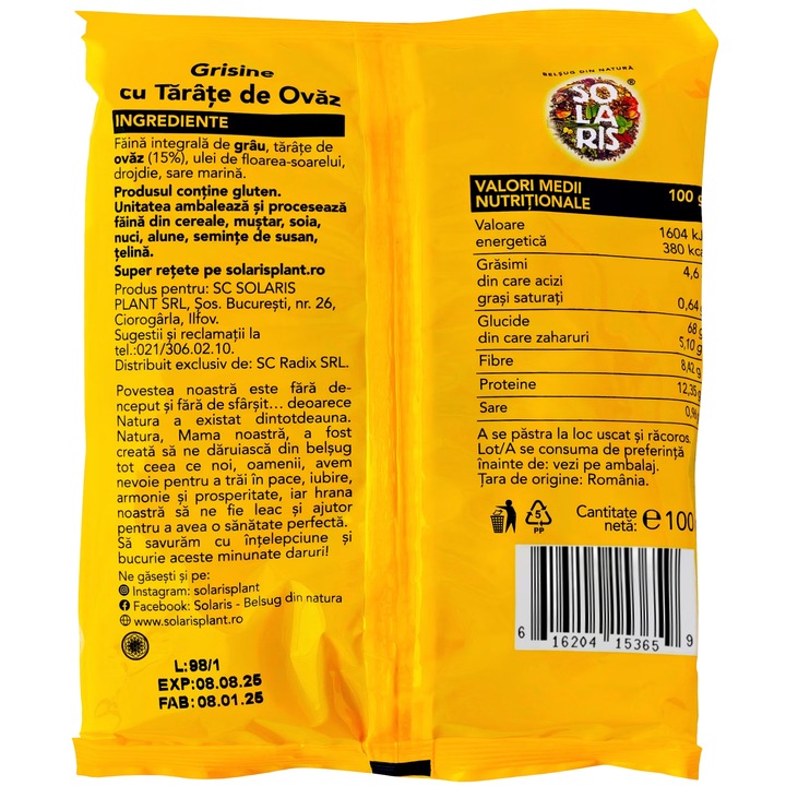 Grisine integrale proteice cu tarate ovaz, fara aditivi, fara conservanti, 100% natural, 100g, Solaris Plant