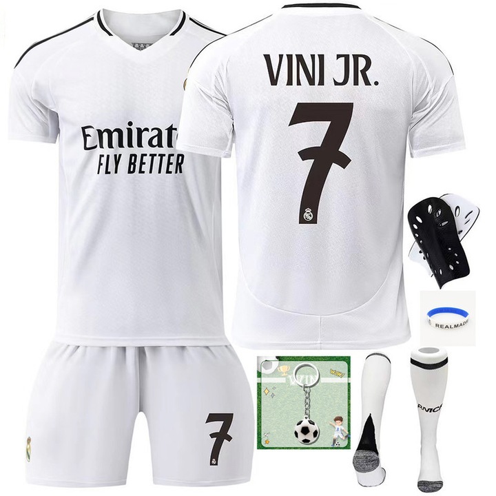 Gyermek edzőkészlet Real Madrid Vinicius Jersey 24/25 szezon ANTCOOL®, Lábvédőkkel, kulcstartóval, csuklópánttal, Otthon, 160-165 CM (11-12 év)