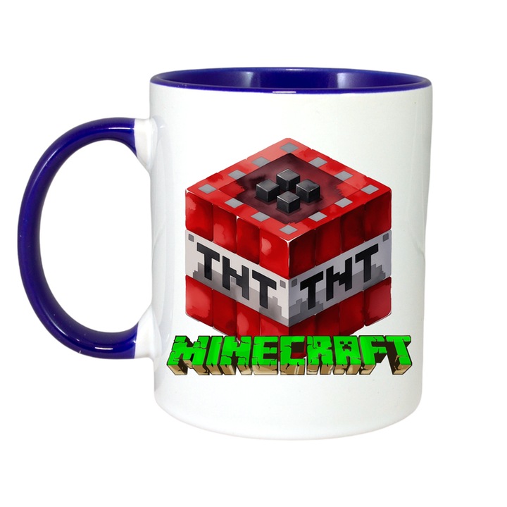 Cana personalizata cu Minecraft Super T N T, Cri-Flo, Ceramica, 330ml. Maner si interior Albastru