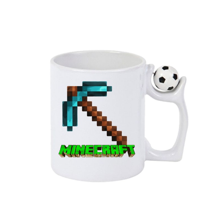 Cana personalizata cu Minecraft Tarnacop Pixelat, Cri-Flo, Ceramica, 330ml. Minge rotativa antistres, Maner si interior Alb-Negru