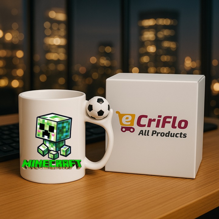 Cana personalizata cu Minecraft Creeper Dragalas, Cri-Flo, Ceramica, 330ml. Minge rotativa antistres, Maner si interior Alb-Negru