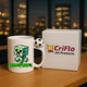 Cana personalizata cu Minecraft Creeper Dragalas, Cri-Flo, Ceramica, 330ml. Minge rotativa antistres, Maner si interior Alb-Negru