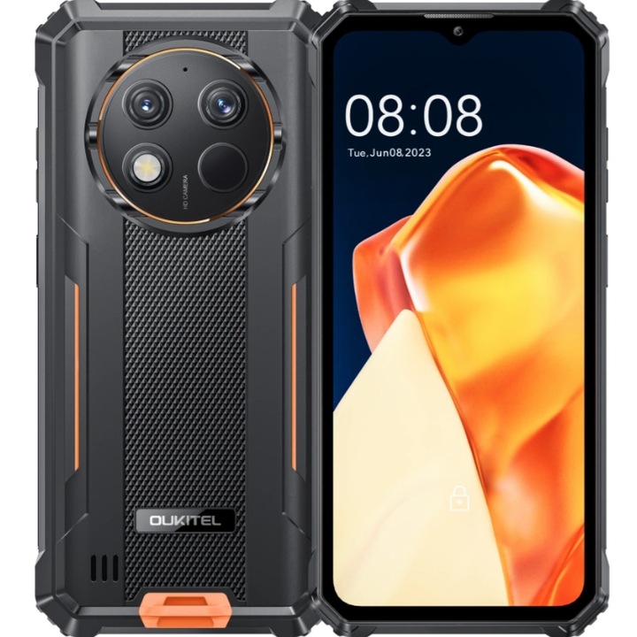 Oukitel G1 mobiltelefon, Unisoc T606 nyolcmagos, IPS LCD 6,52", 6 GB RAM, 256 GB flash, dupla kamera 48 + 2 MP, Wi-Fi, 4G, dupla SIM, Android fekete/narancs